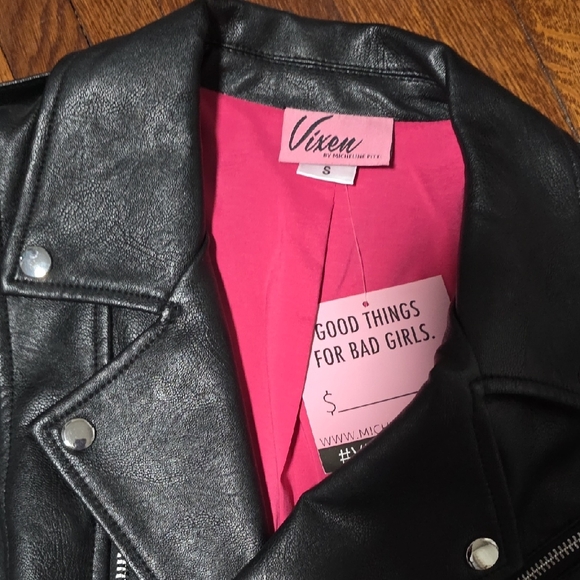 VIXEN by Micheline Pitt Bad Girl Vegan Leather Cropped Moto Jacket sz S BNWT - Picture 3 of 4